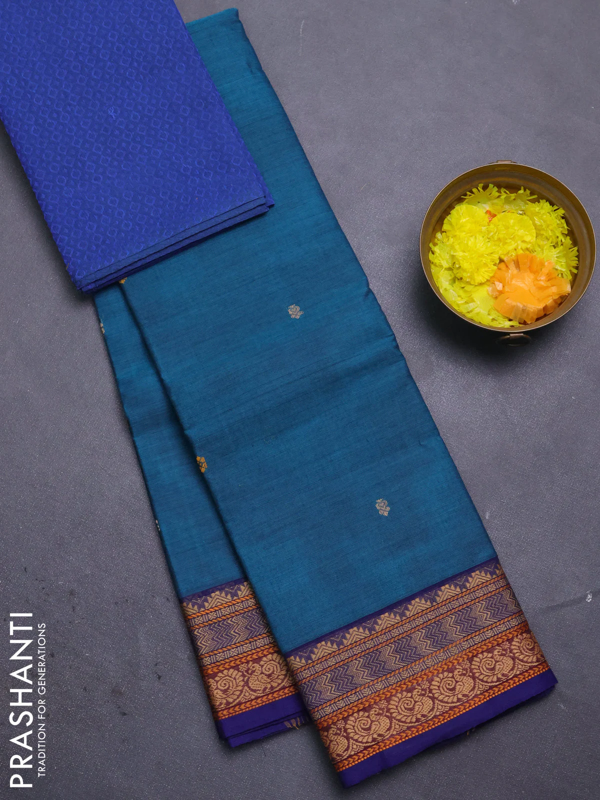 Chettinad cotton saree peacock blue and navy blue with thread woven buttas and thread woven border