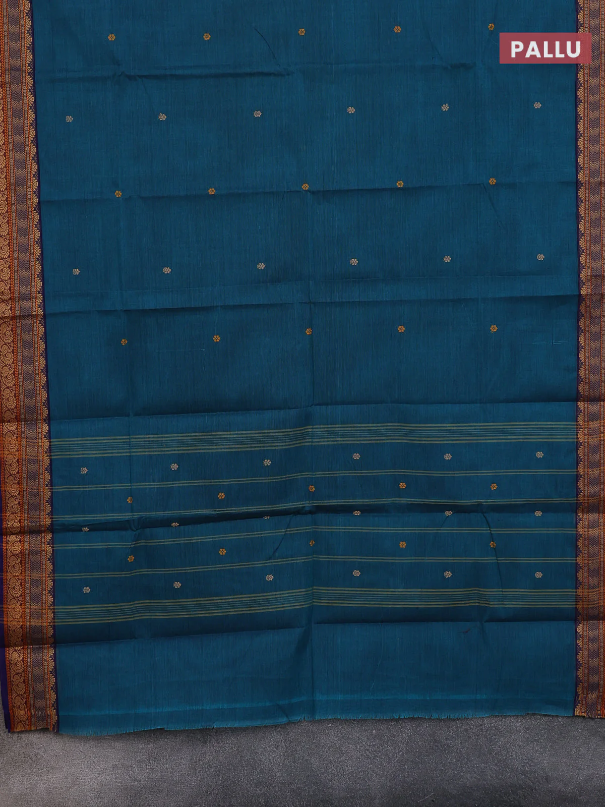 Chettinad cotton saree peacock blue and navy blue with thread woven buttas and thread woven border - Image 3