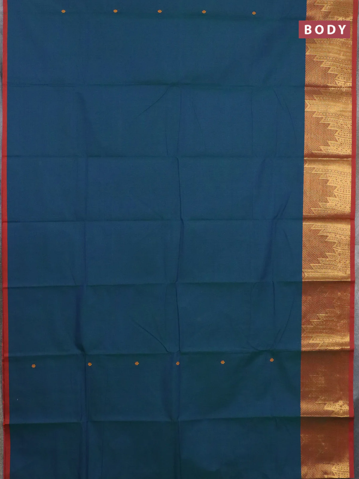 Chettinad cotton saree peacock green and teal green with thread woven buttas and temple zari woven border - Image 2