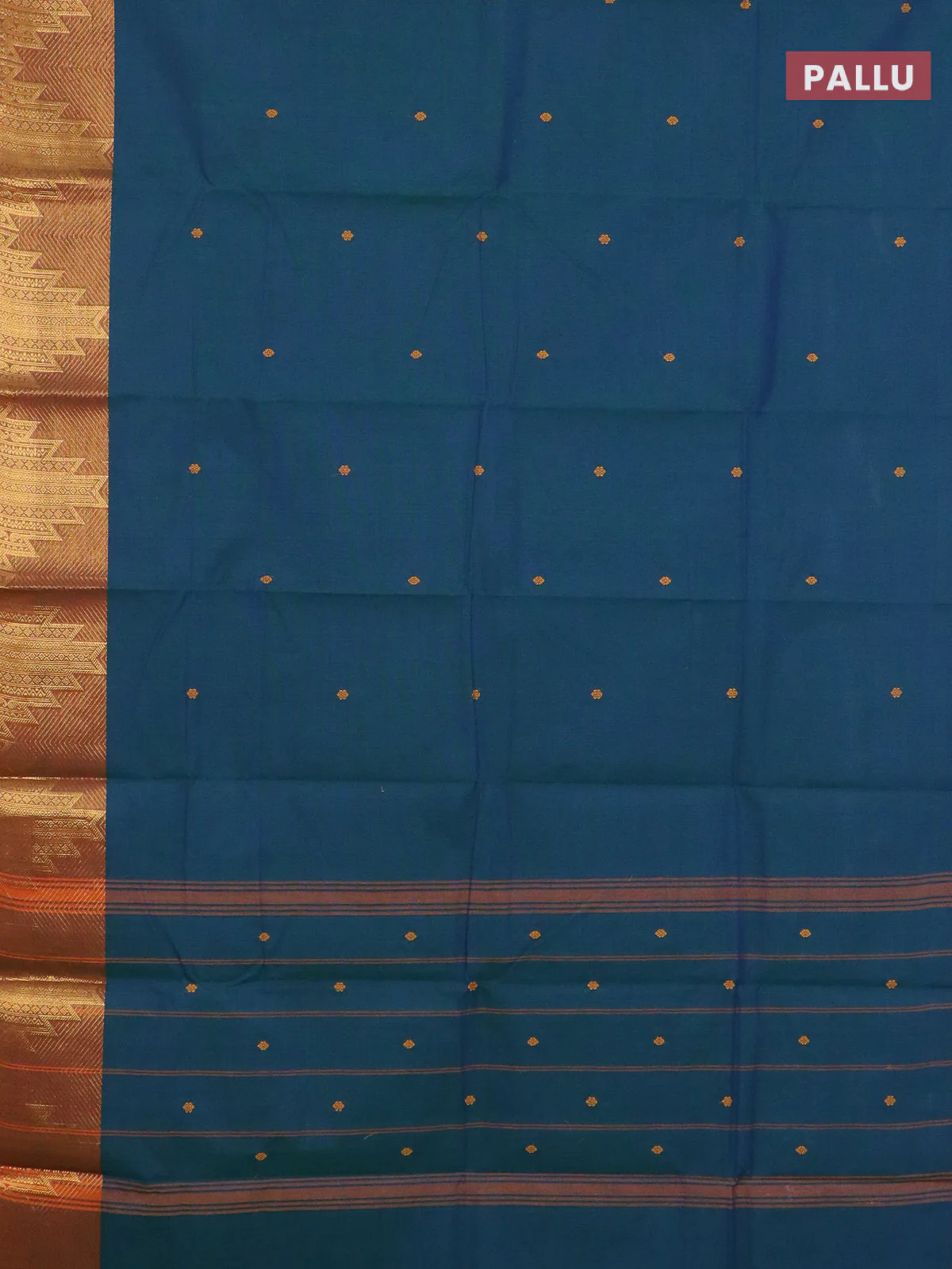 Chettinad cotton saree peacock green and teal green with thread woven buttas and temple zari woven border - Image 3