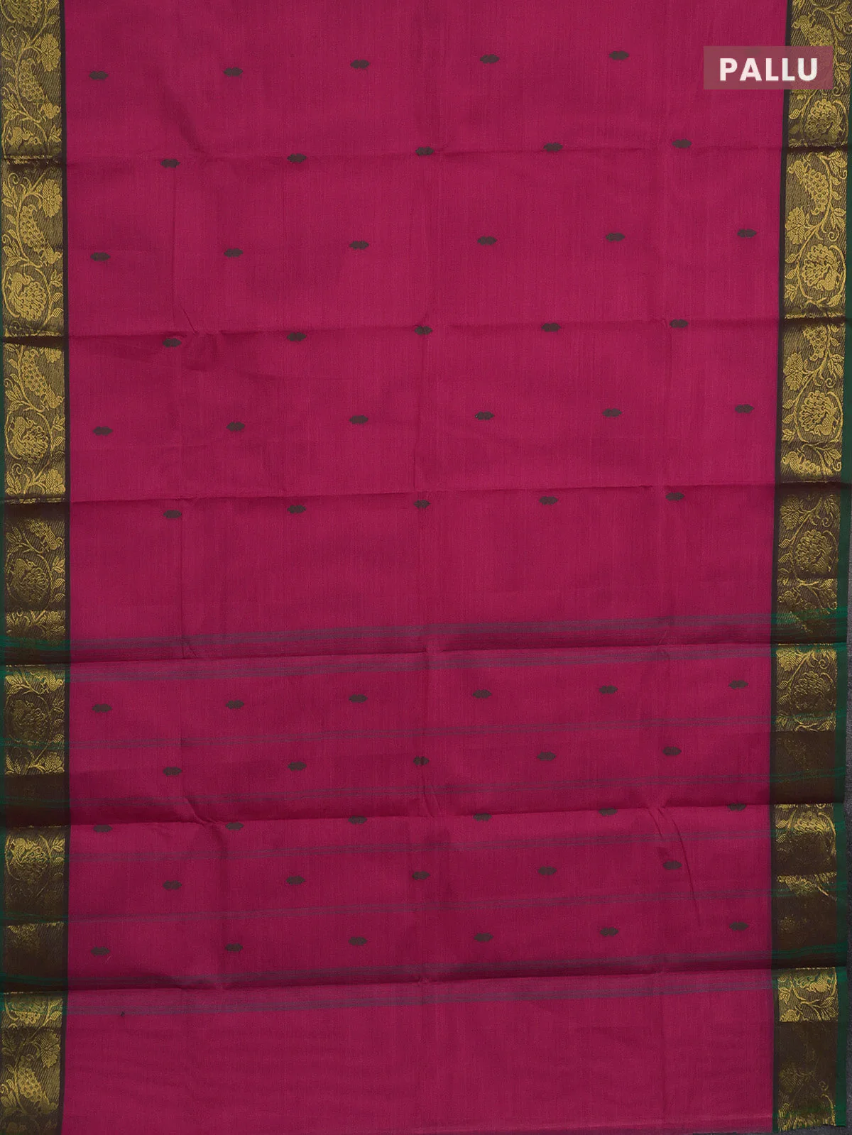 Chettinad cotton saree pink and dual shade of green with thread woven buttas and peacock zari woven border - Image 3