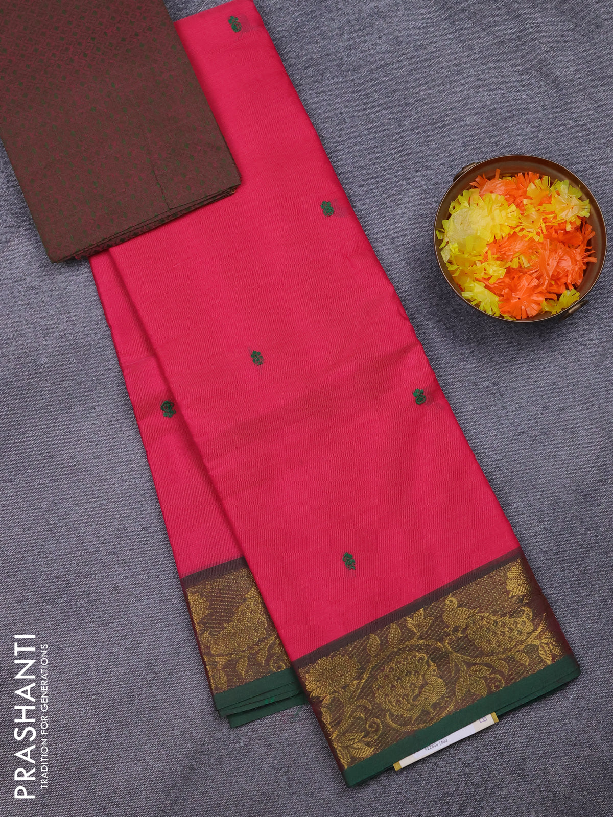 Chettinad cotton saree pink and green with thread woven buttas and peacock zari woven border