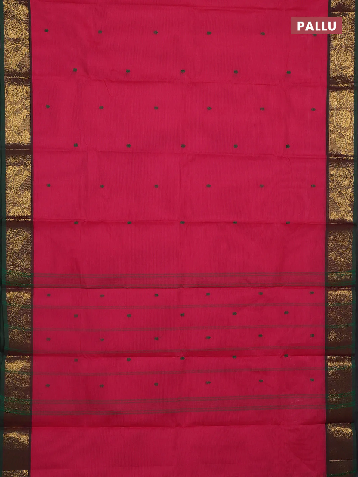 Chettinad cotton saree pink and green with thread woven buttas and peacock zari woven border - Image 3