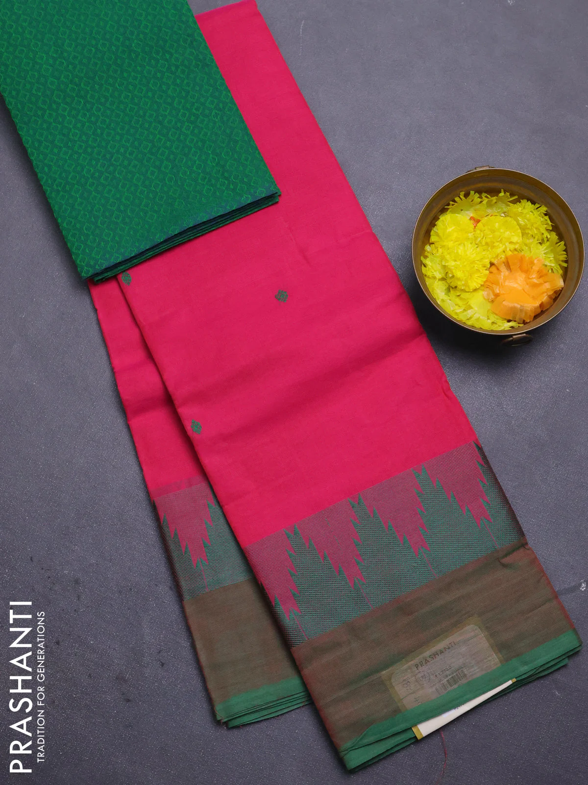 Chettinad cotton saree pink and green with thread woven buttas and temple design simple border