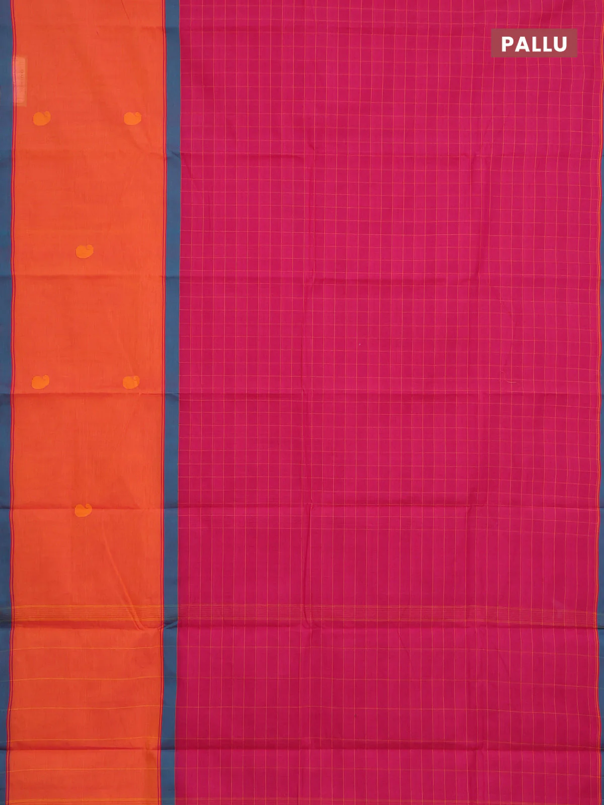 Chettinad cotton saree pink and orange with allover checked pattren and long rettapet butta border - Image 3