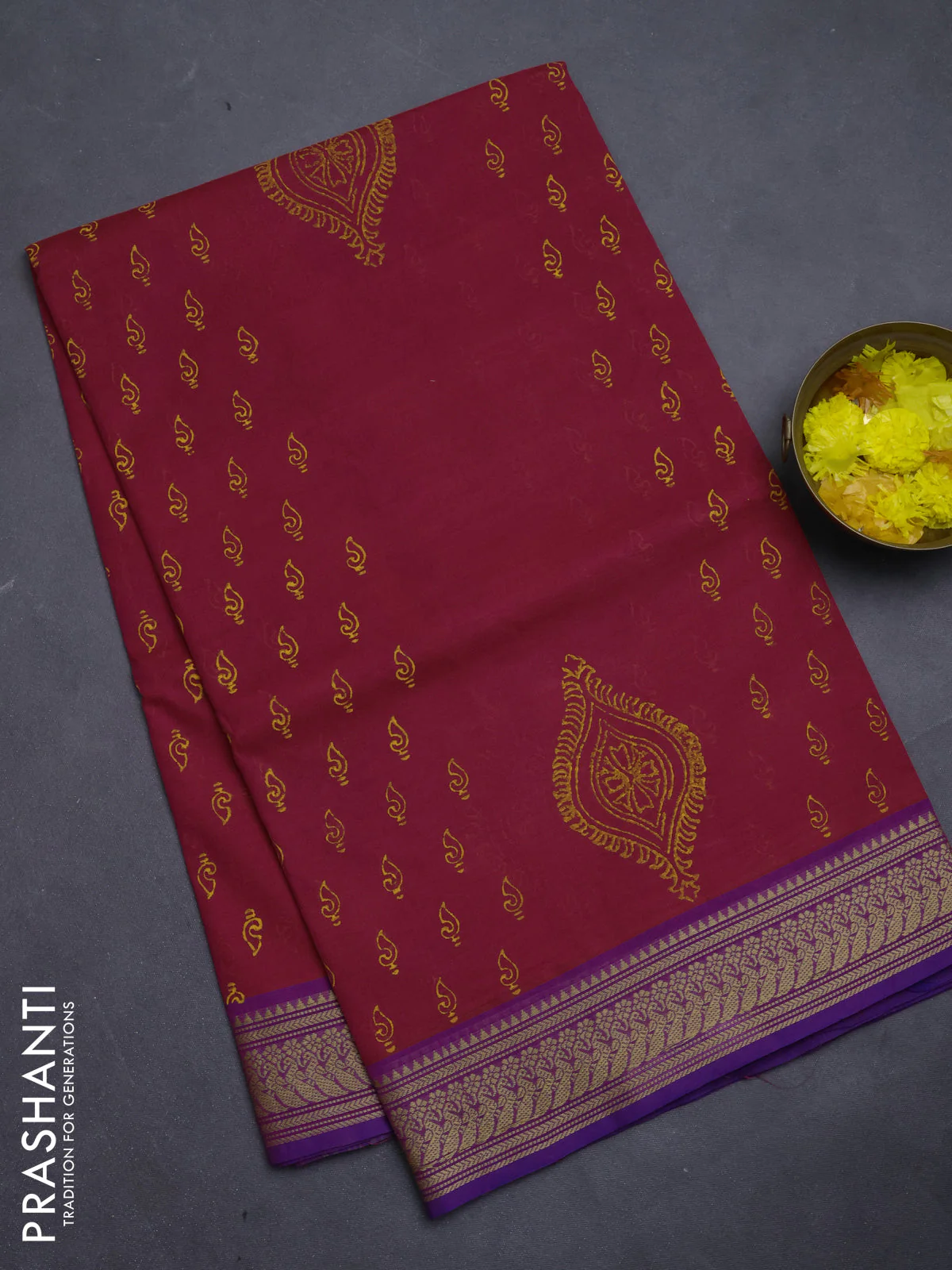 Chettinad cotton saree pink and violet with allover prints and thread woven border
