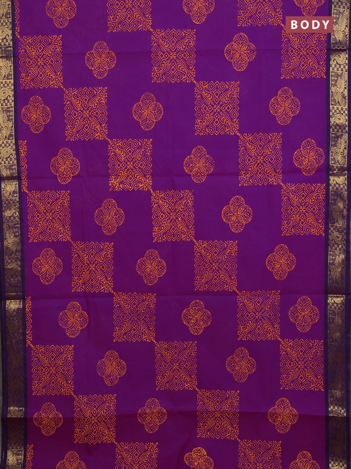 Chettinad cotton saree purple and deep purple with allover prints and zari woven border - Image 2