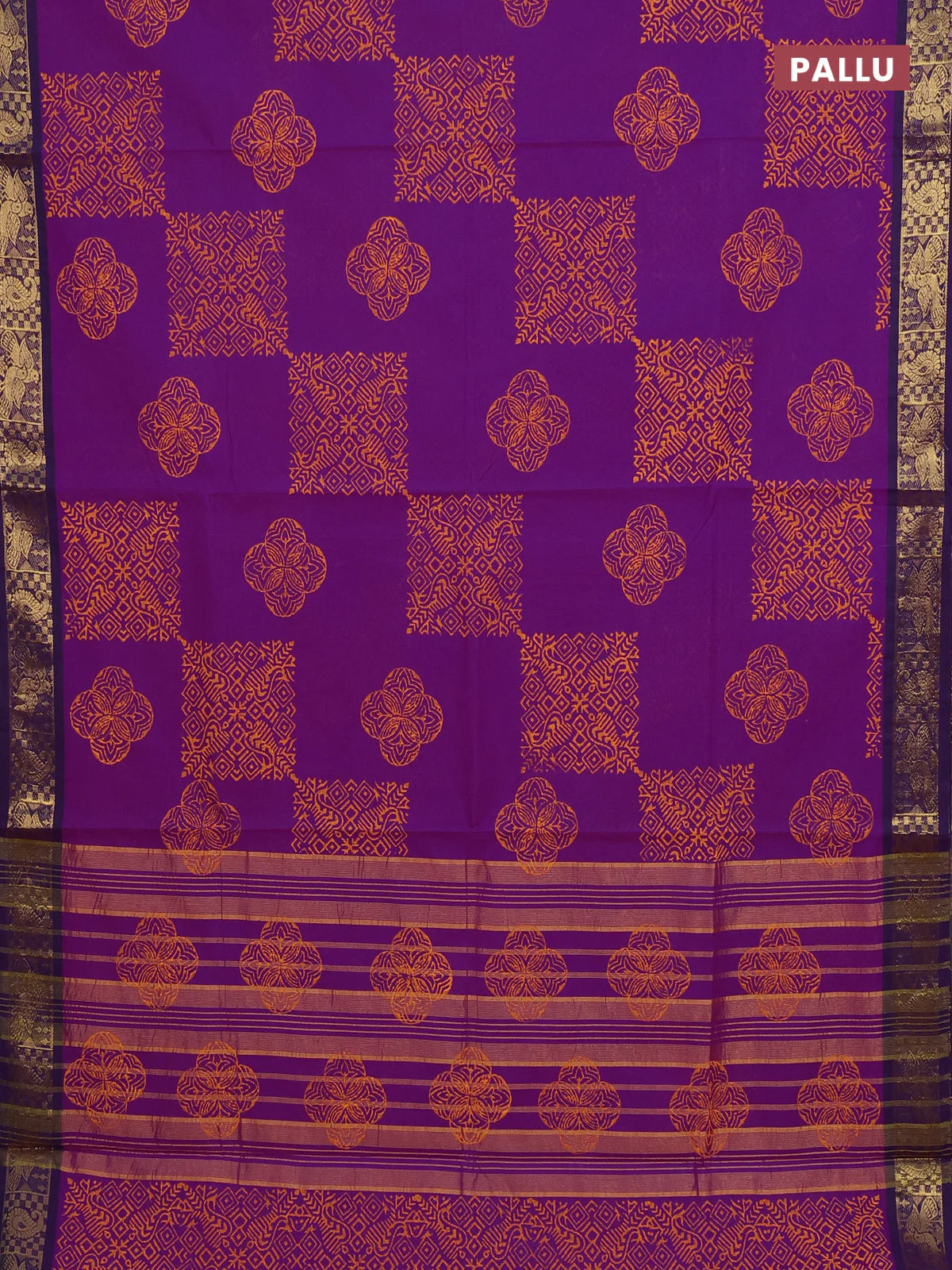 Chettinad cotton saree purple and deep purple with allover prints and zari woven border - Image 3