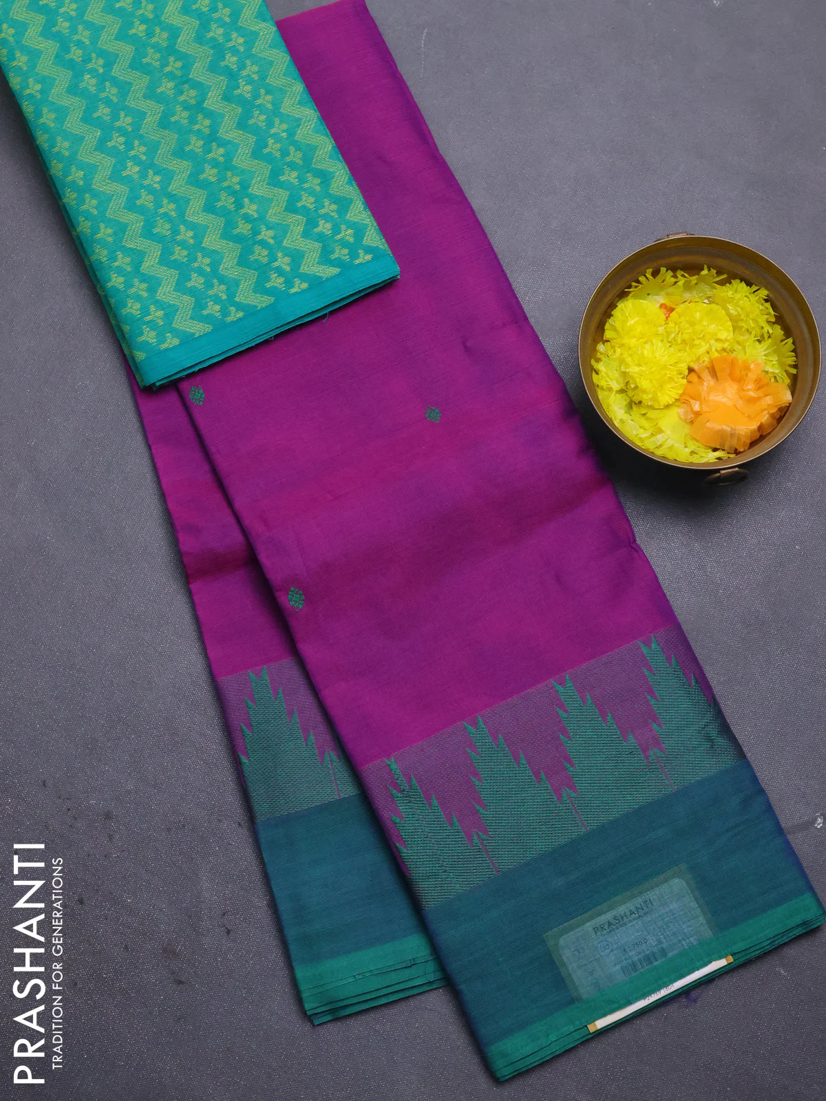 Chettinad cotton saree purple and green with thread woven buttas and temple design simple border