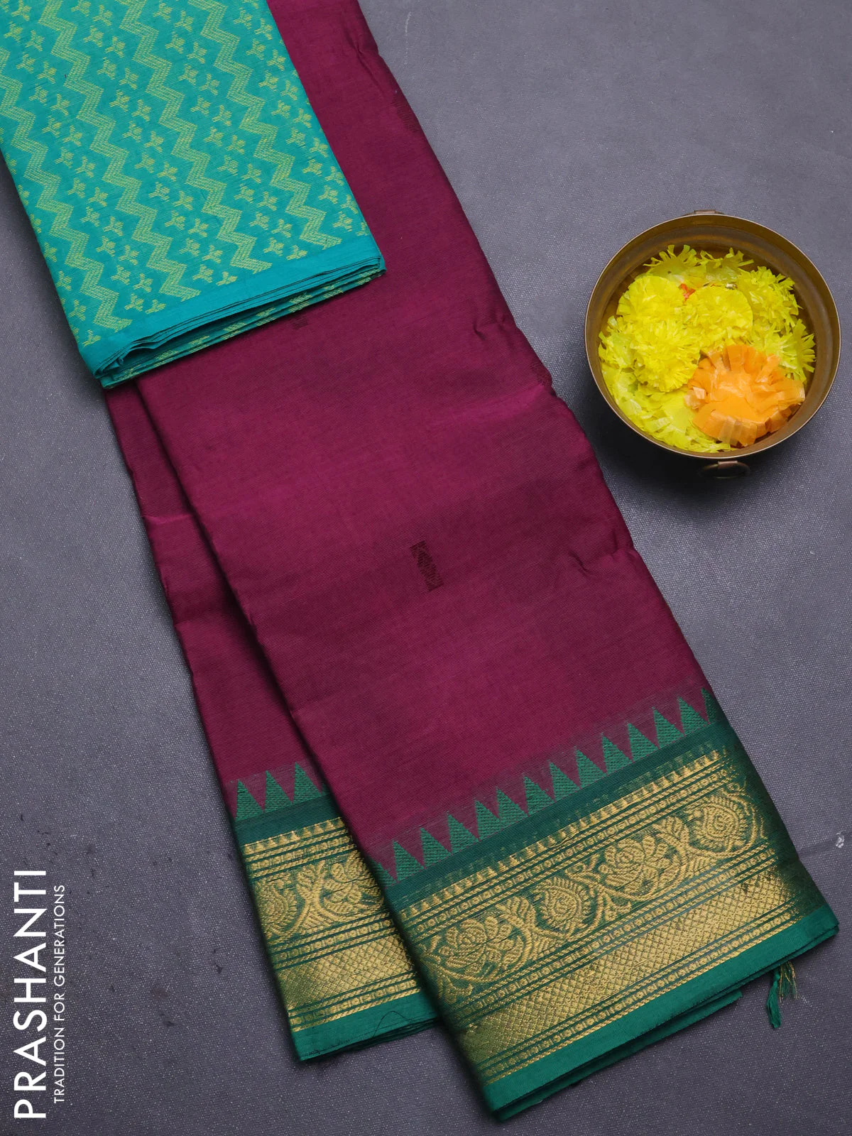 Chettinad cotton saree purple and green with thread woven buttas and zari woven border
