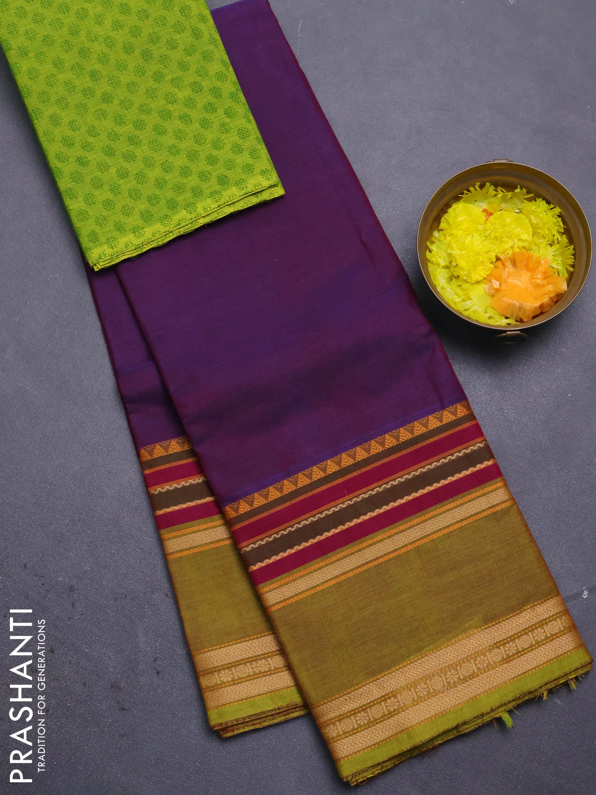 Chettinad cotton saree purple and lime green with plain body and rettapet thread woven border