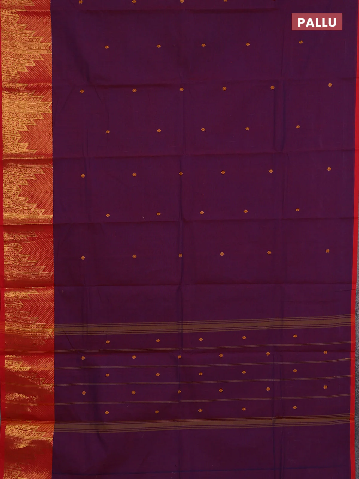 Chettinad cotton saree purple and red with thread woven buttas and temple design zari woven border - Image 3