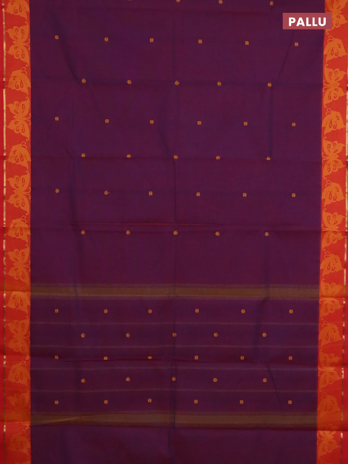 Chettinad cotton saree purple and red with thread woven buttas and thread woven border - Image 3