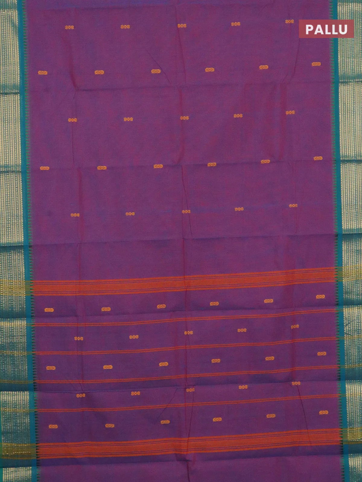 Chettinad cotton saree purple and teal green with thread woven buttas and zari woven border - Image 3