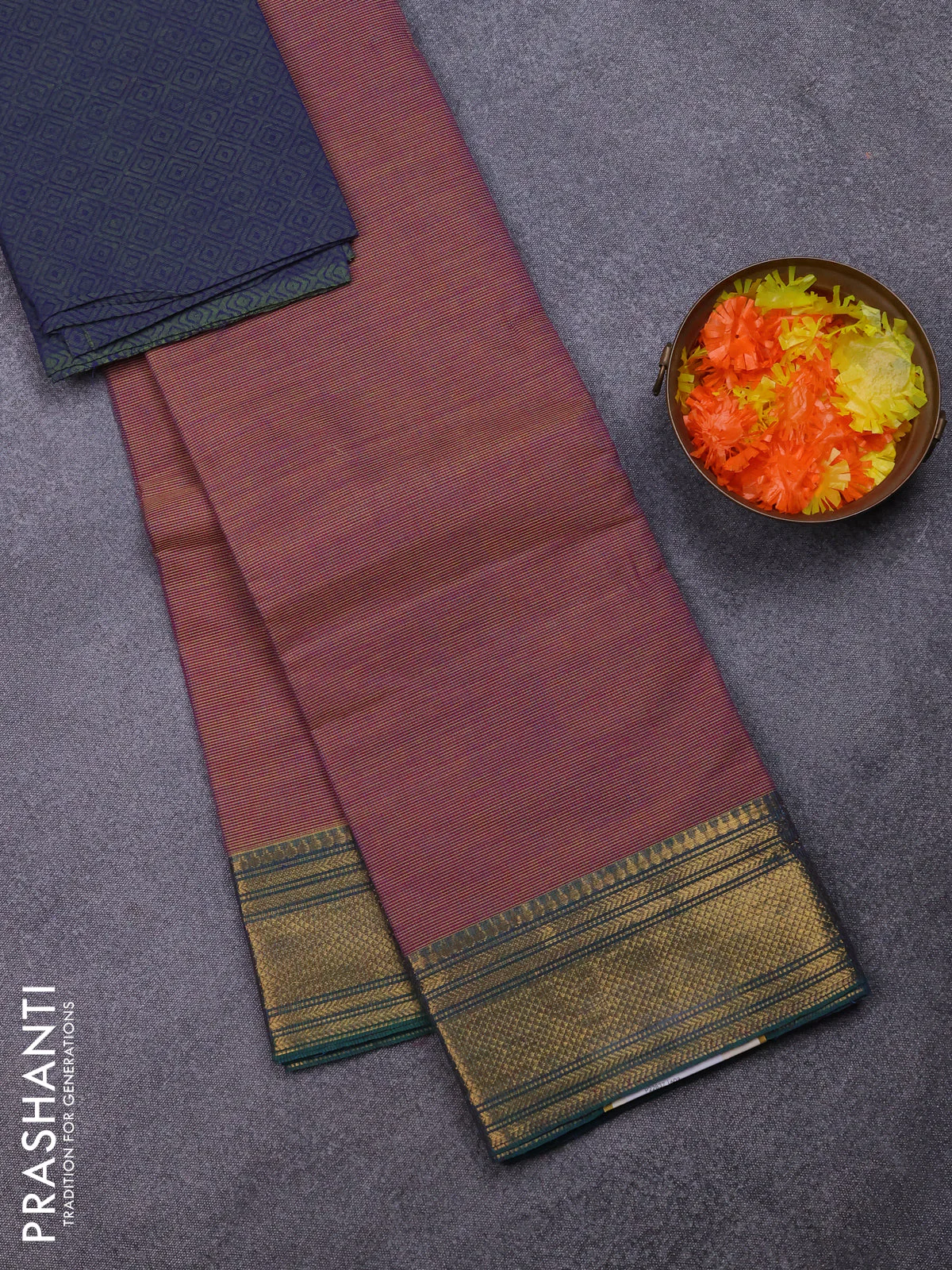 Chettinad cotton saree purple shade and green with allover small checked pattern and zari woven border
