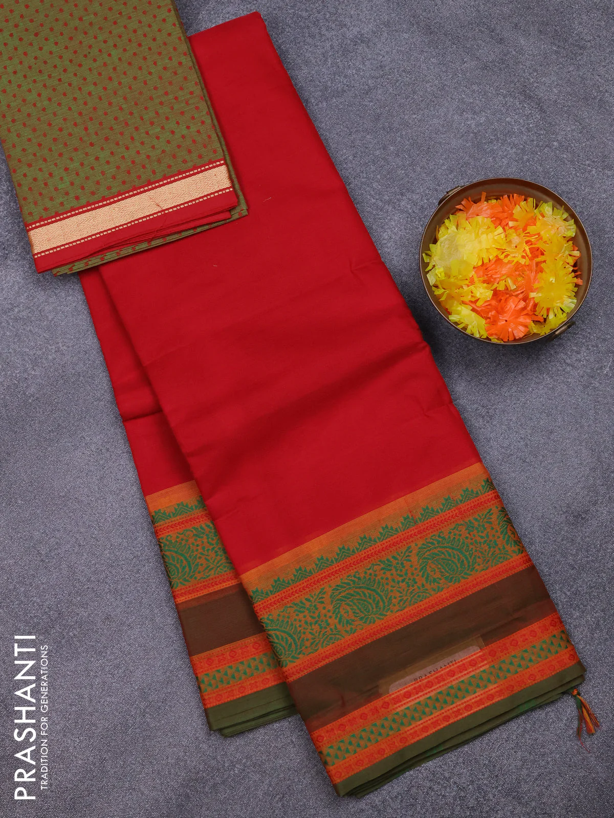 Chettinad cotton saree red and green with plain body and thread woven border
