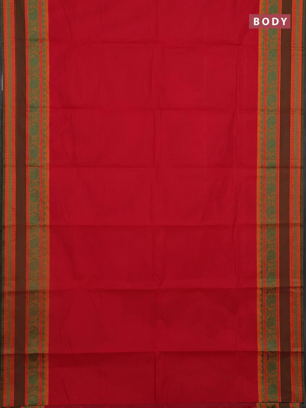 Chettinad cotton saree red and green with plain body and thread woven border - Image 2