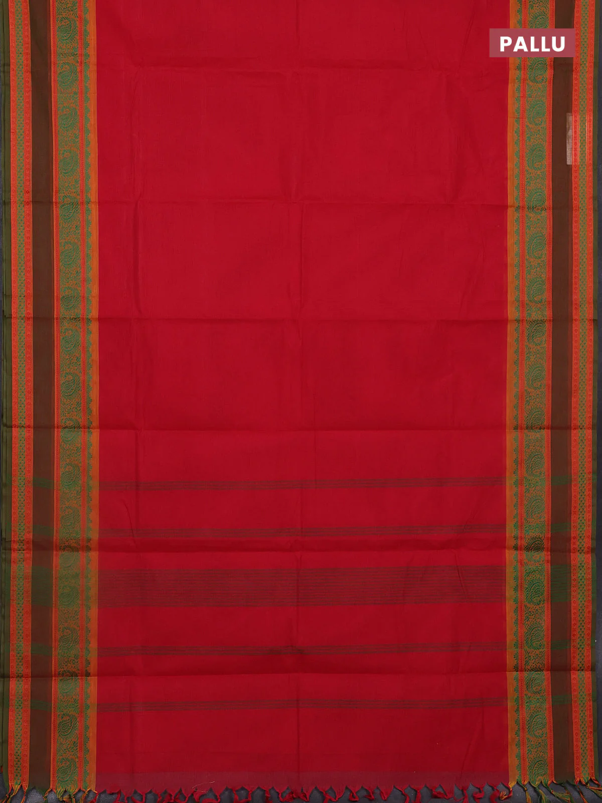 Chettinad cotton saree red and green with plain body and thread woven border - Image 3