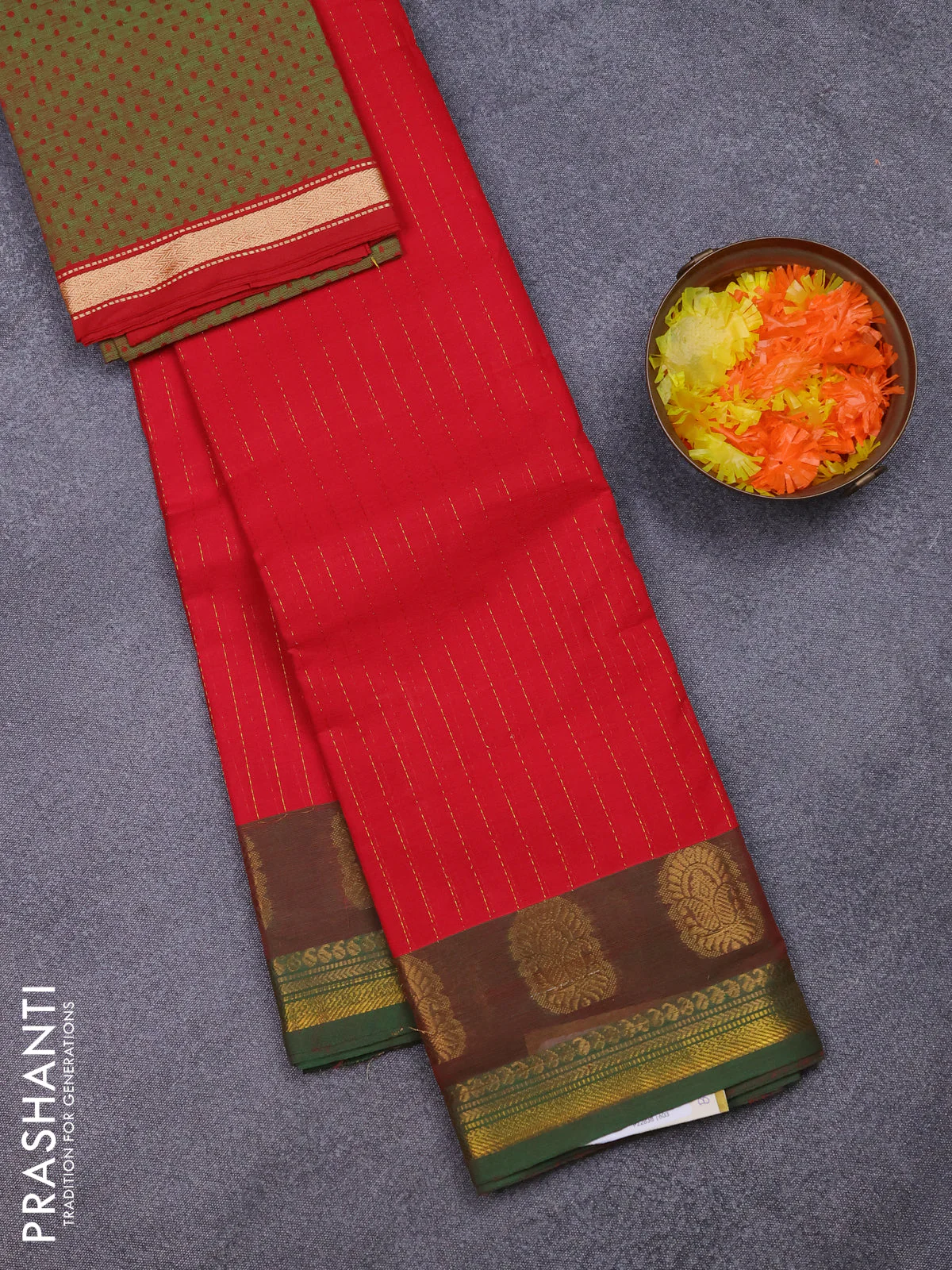 Chettinad cotton saree red and green with zari stripes pattern and zari woven border