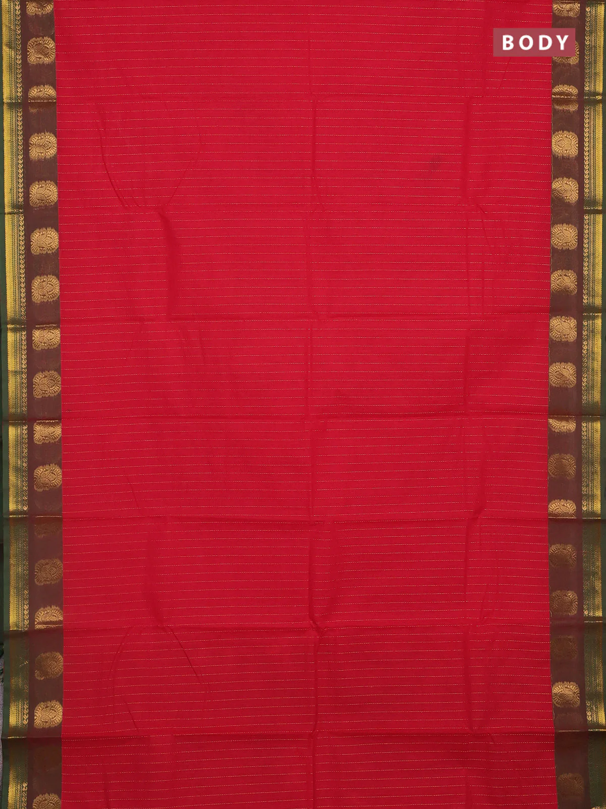 Chettinad cotton saree red and green with zari stripes pattern and zari woven border - Image 2
