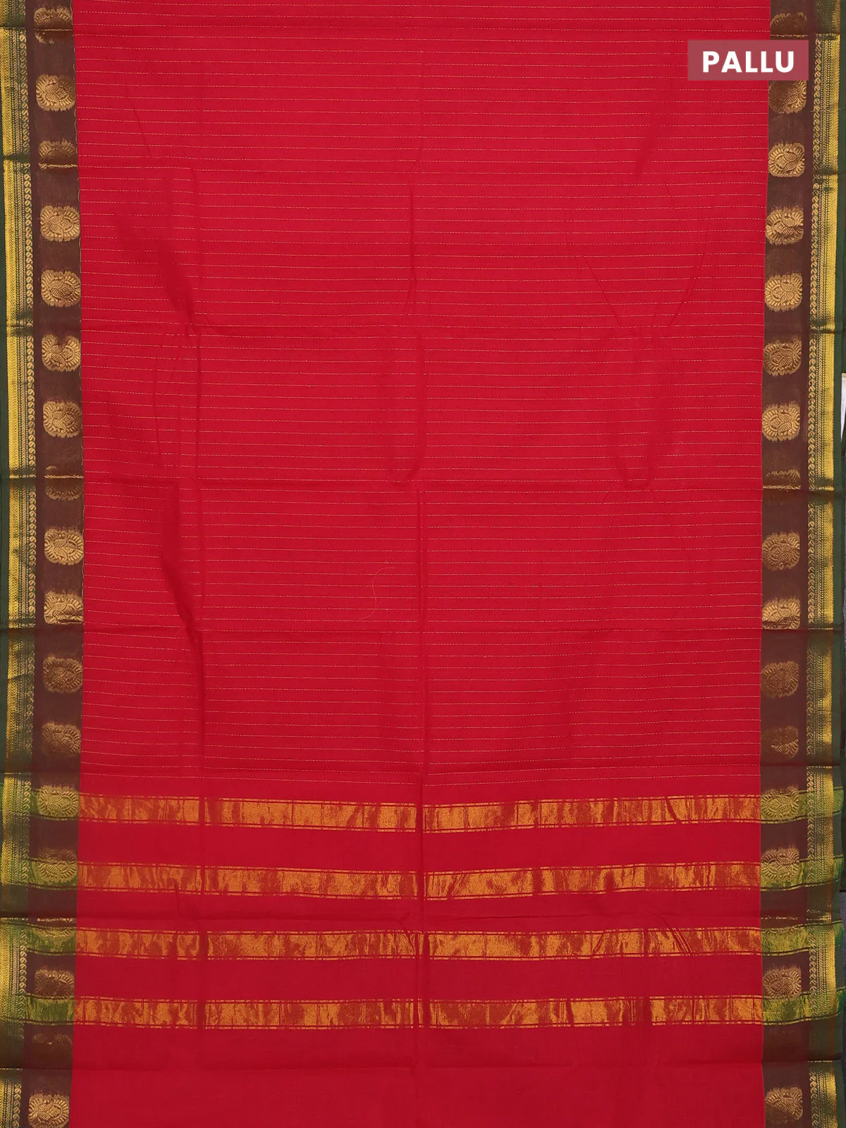 Chettinad cotton saree red and green with zari stripes pattern and zari woven border - Image 3