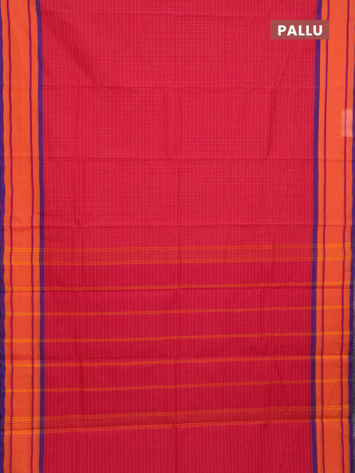 Chettinad cotton saree red and purple with allover checked pattern and simple border - Image 3