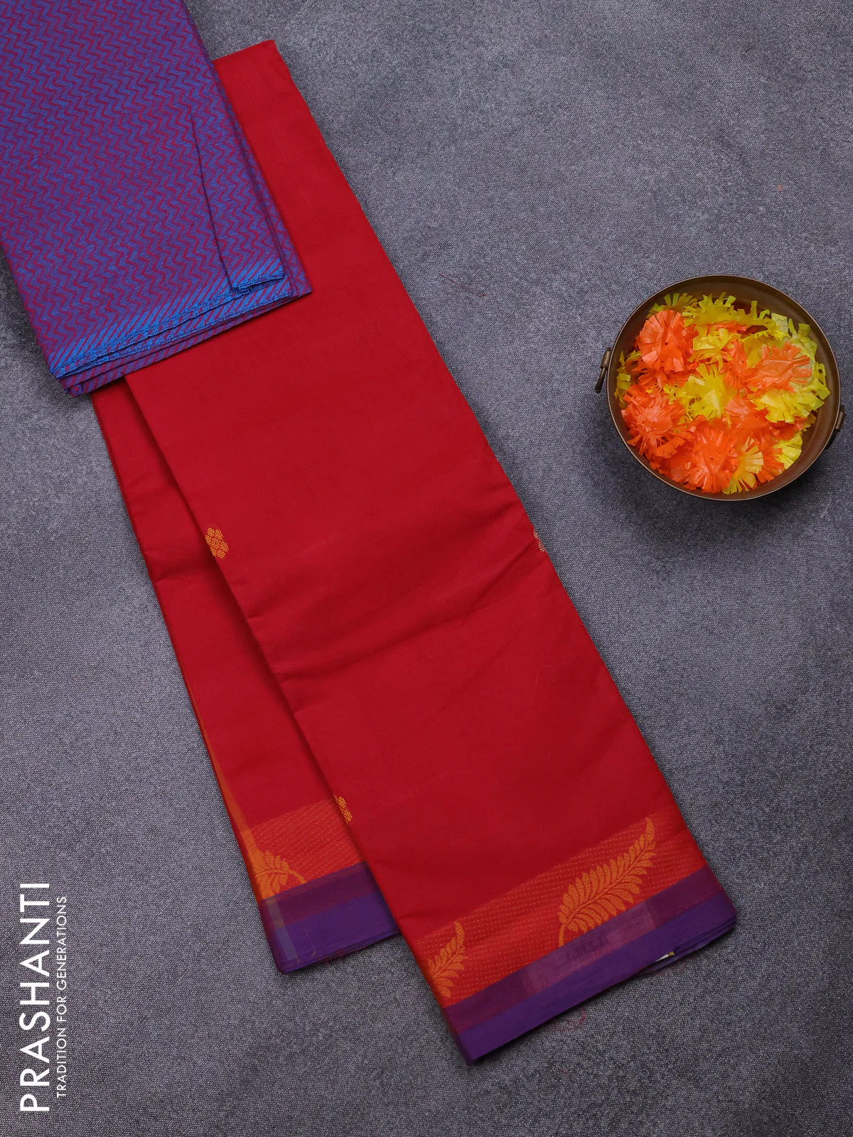 Chettinad cotton saree red and purple with thread woven buttas and thread woven border