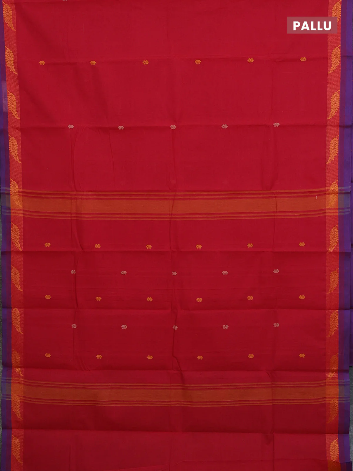 Chettinad cotton saree red and purple with thread woven buttas and thread woven border - Image 3