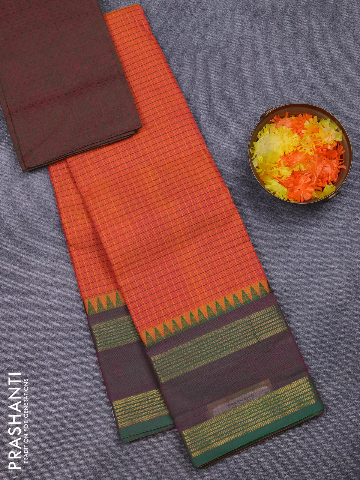 Chettinad cotton saree rust shade and green with allover small checked pattern and temple design rettapet zari woven border