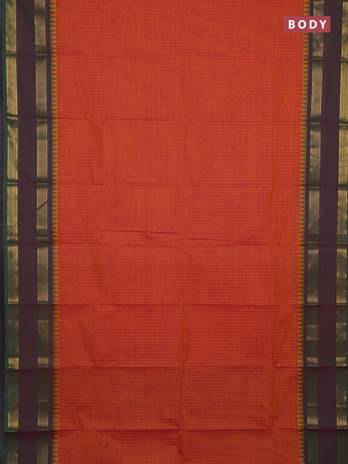 Chettinad cotton saree rust shade and green with allover small checked pattern and temple design rettapet zari woven border - Image 2