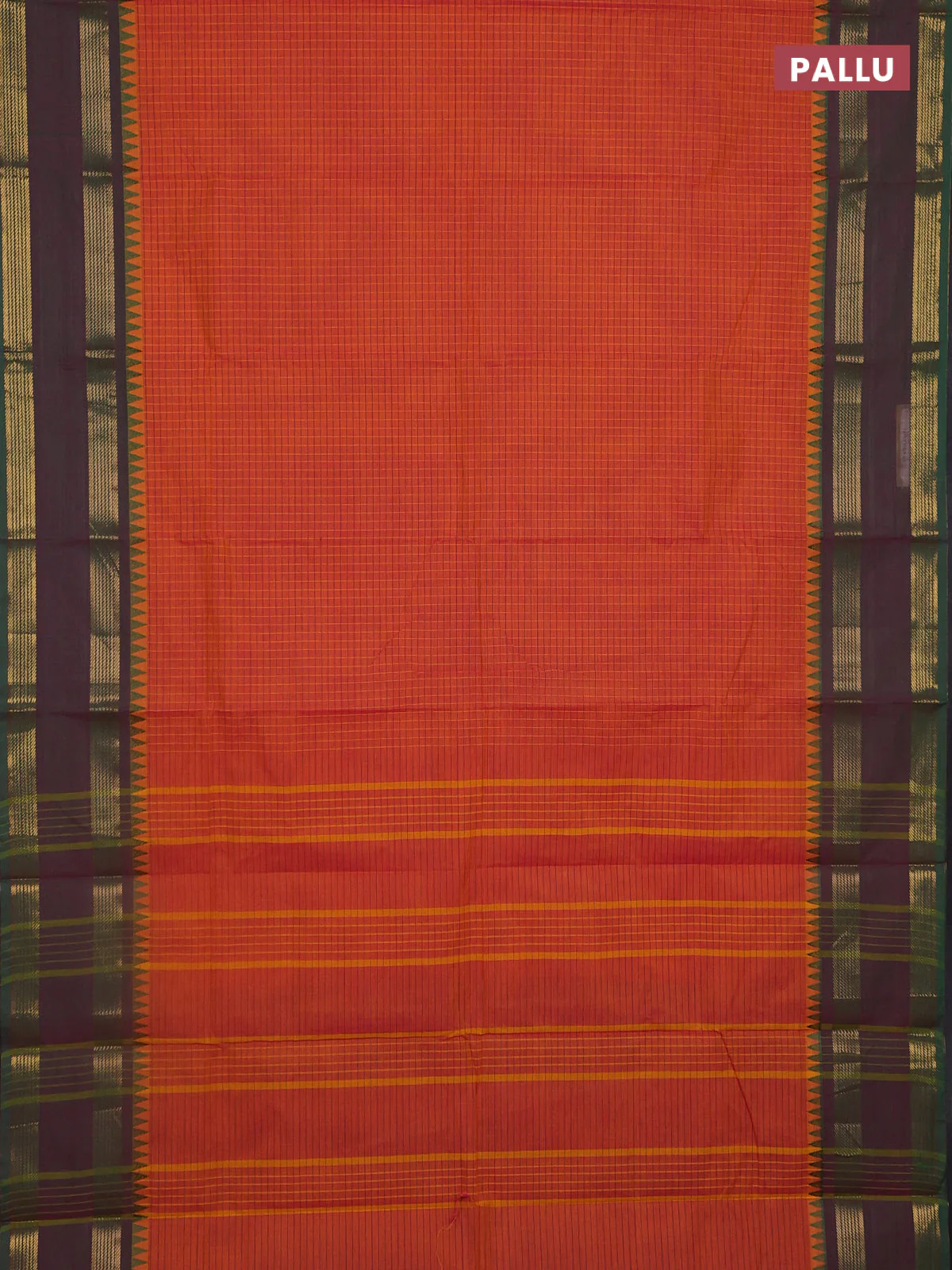 Chettinad cotton saree rust shade and green with allover small checked pattern and temple design rettapet zari woven border - Image 3