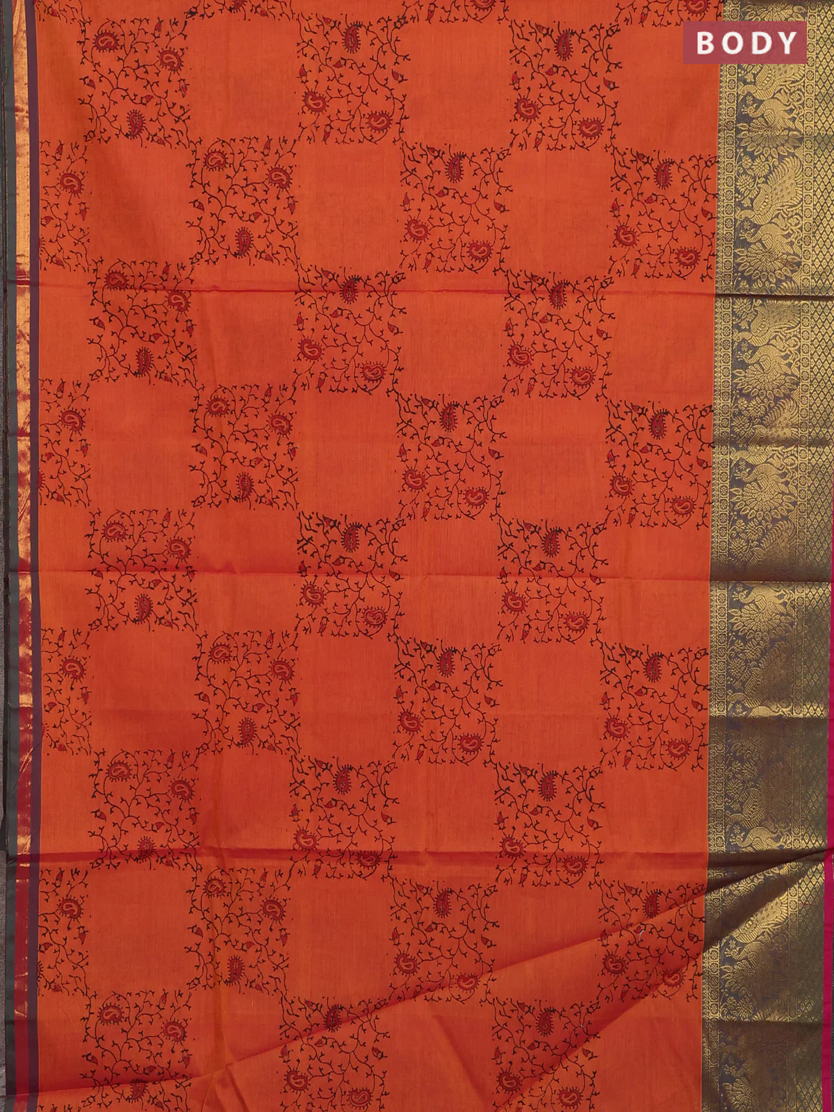 Chettinad cotton saree rust shade and pink with allover prints and long annam zari woven border - Image 2