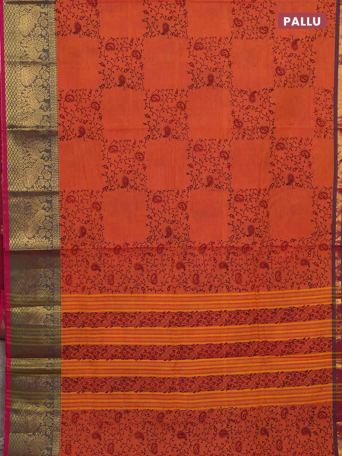 Chettinad cotton saree rust shade and pink with allover prints and long annam zari woven border - Image 3