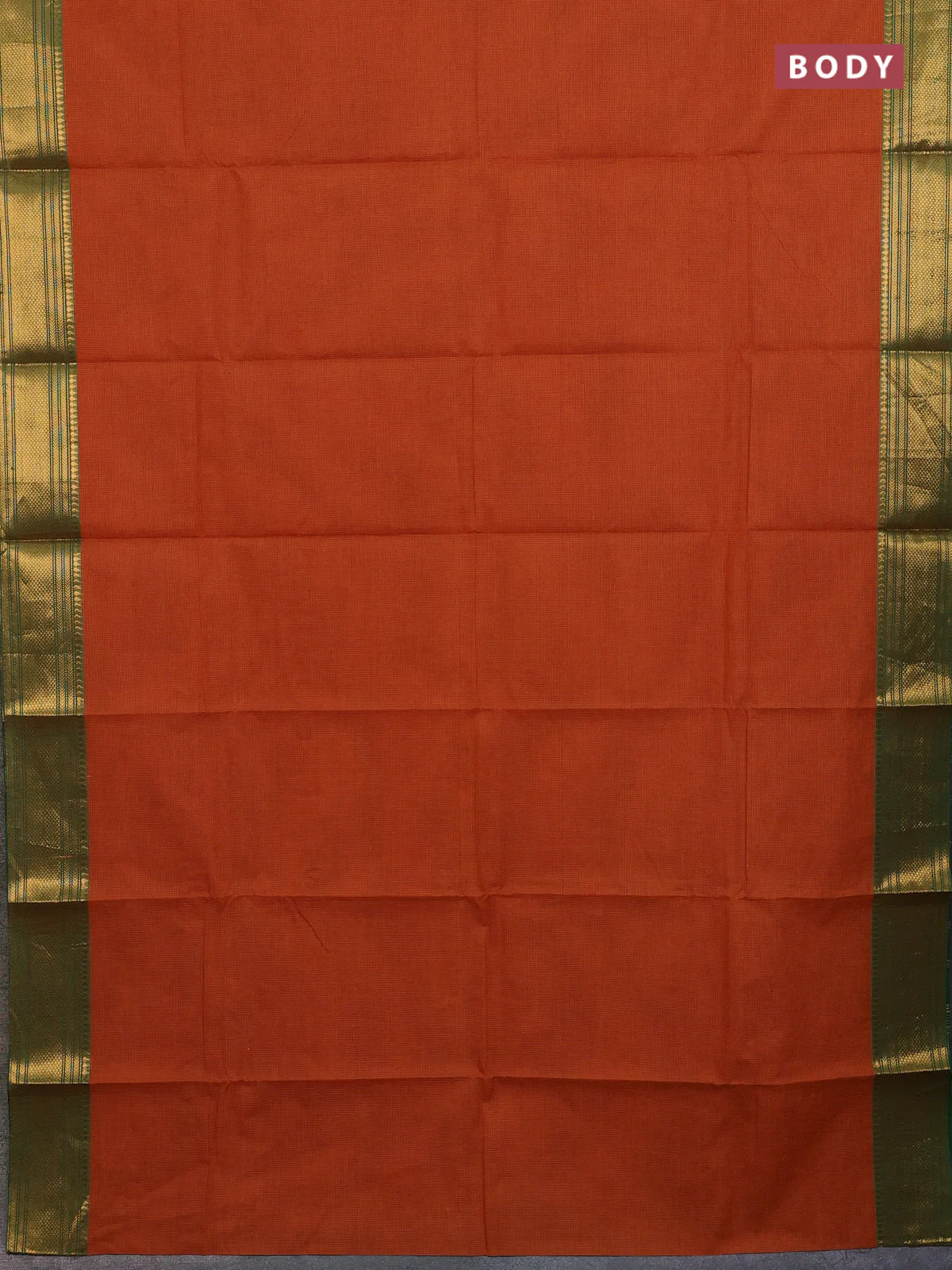 Chettinad cotton saree rustic orange and green with allover small checked pattern and zari woven border - Image 2