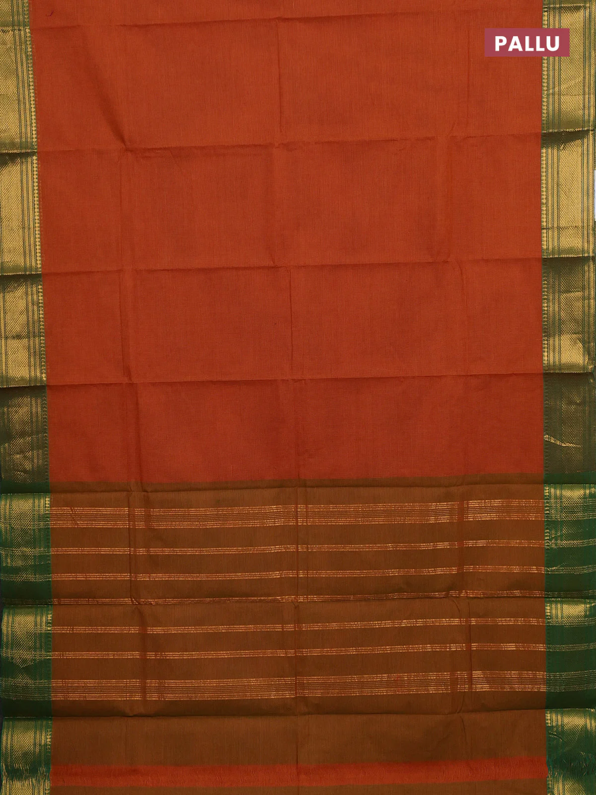 Chettinad cotton saree rustic orange and green with allover small checked pattern and zari woven border - Image 3