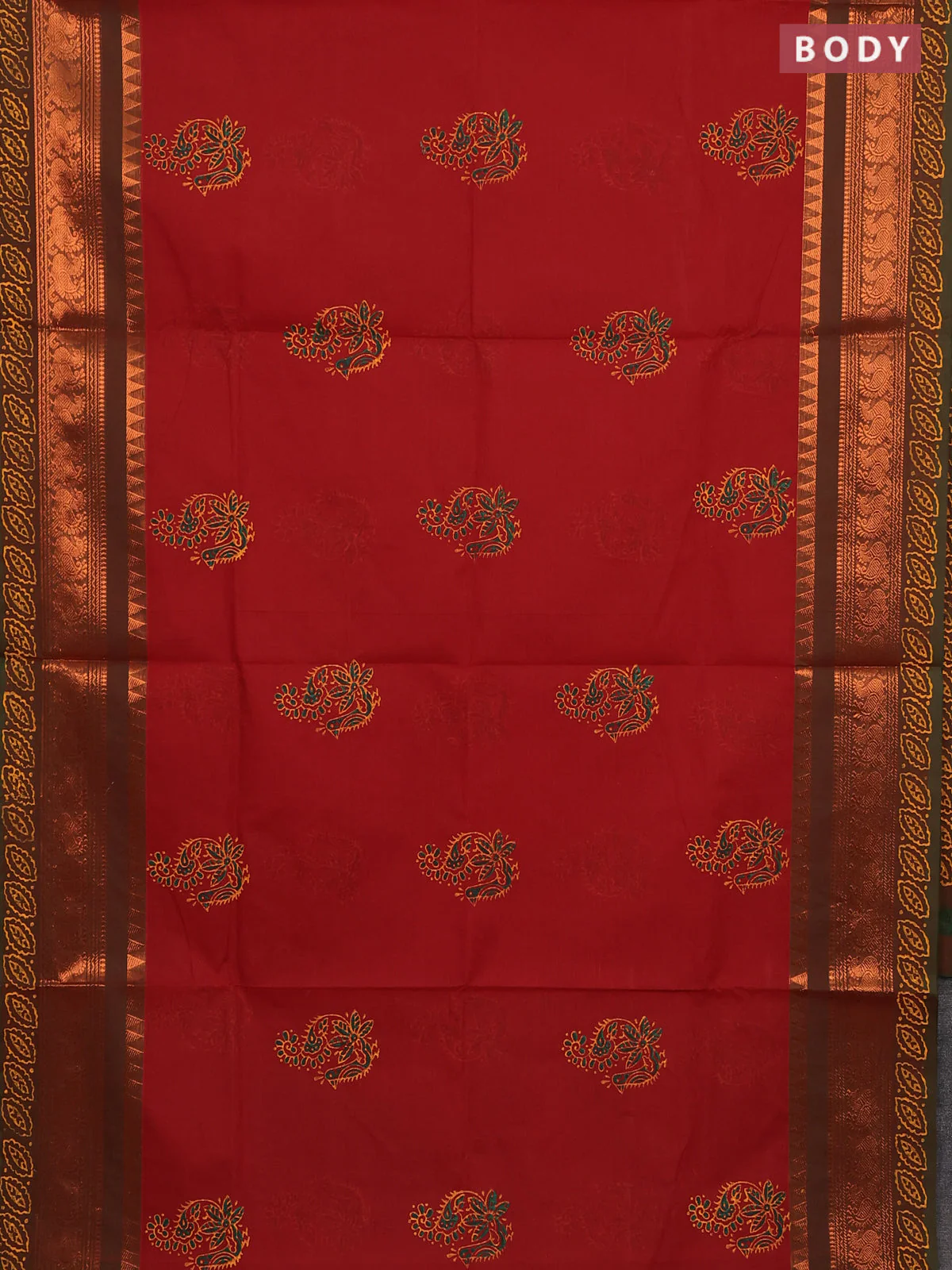 Chettinad cotton saree rustic orange and green with butta prints and copper annam zari woven border - Image 2