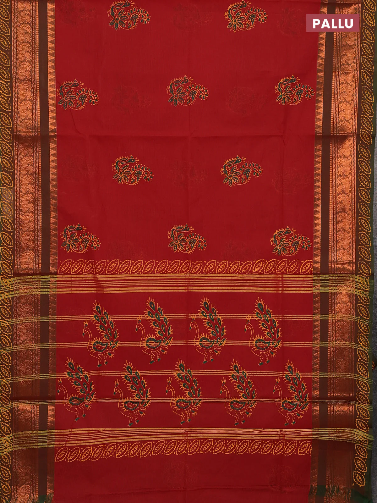 Chettinad cotton saree rustic orange and green with butta prints and copper annam zari woven border - Image 3