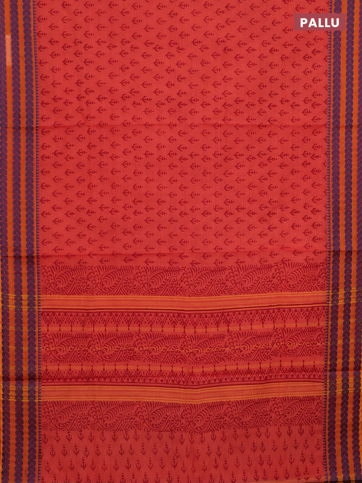 Chettinad cotton saree rustic orange and mustard yellow with allover prints and thread woven border - Image 3