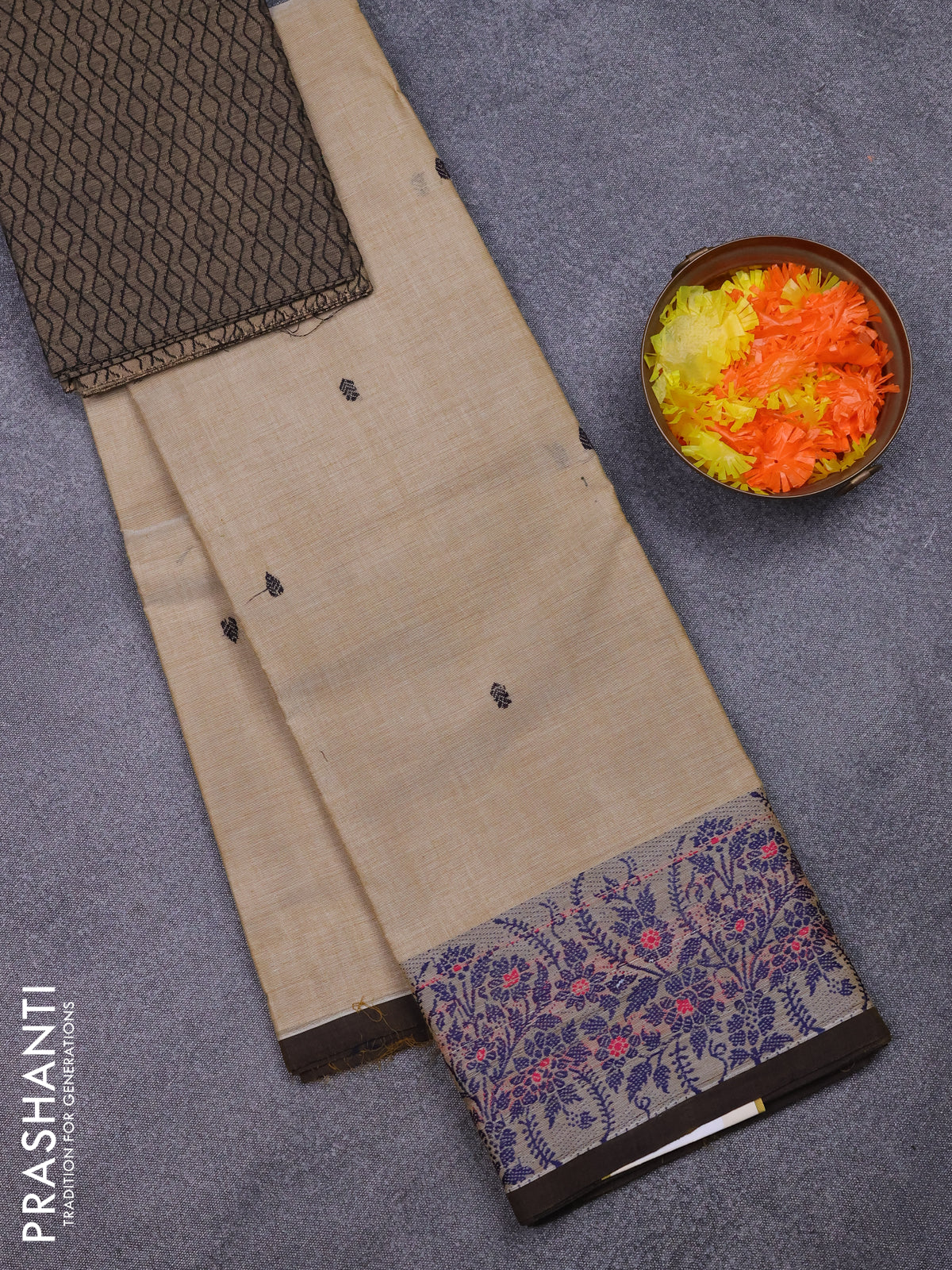 Chettinad cotton saree sandal and grey with thread woven buttas and thread woven border