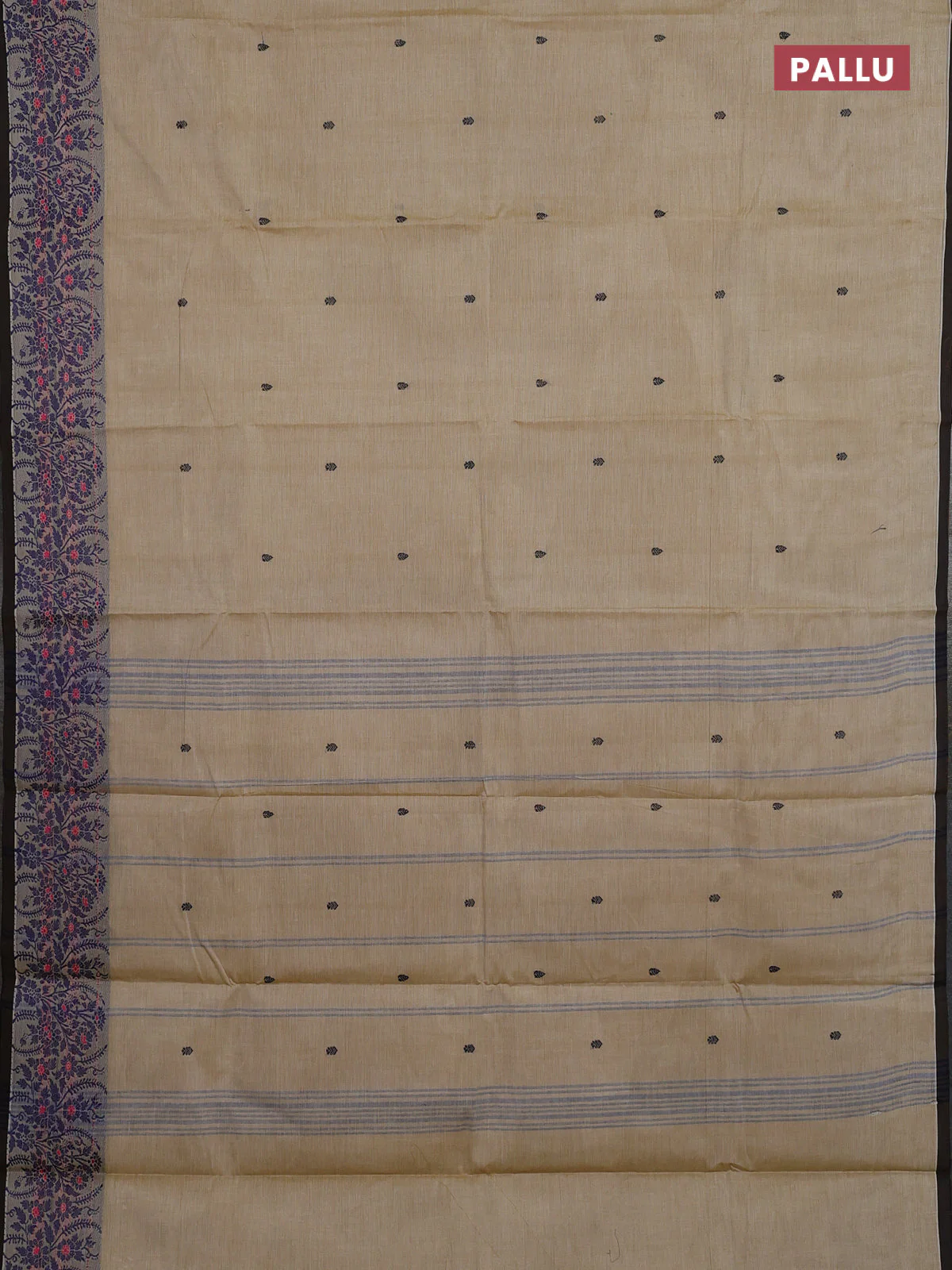 Chettinad cotton saree sandal and grey with thread woven buttas and thread woven border - Image 3