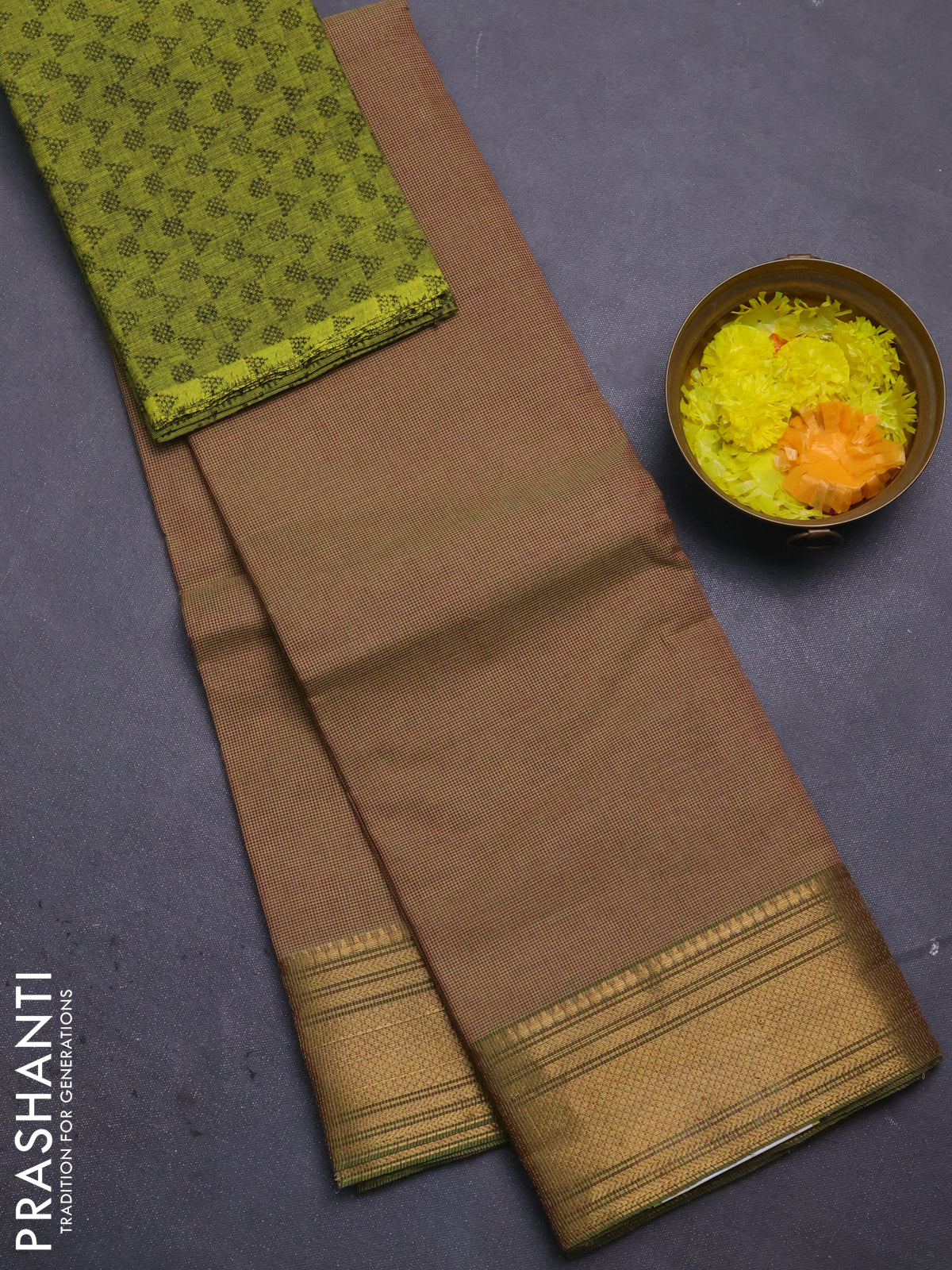 Chettinad cotton saree sandal and lime green with allover small checked pattern and zari woven border