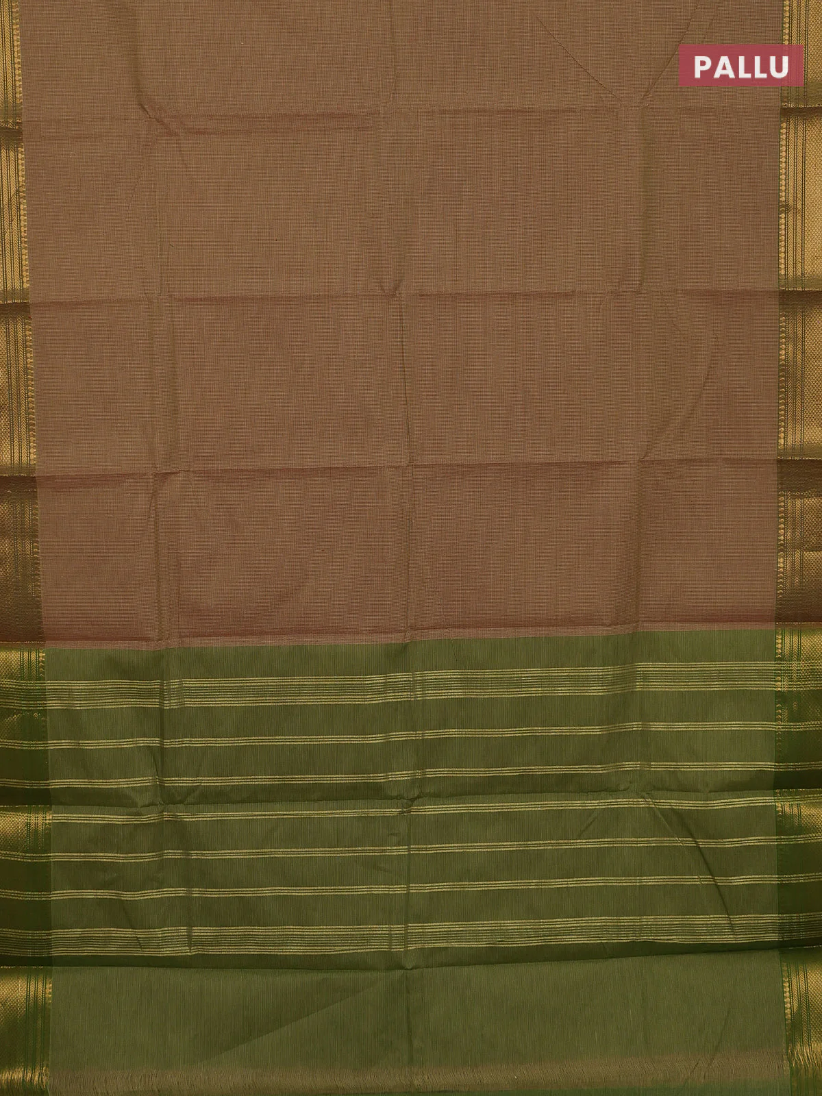 Chettinad cotton saree sandal and lime green with allover small checked pattern and zari woven border - Image 3