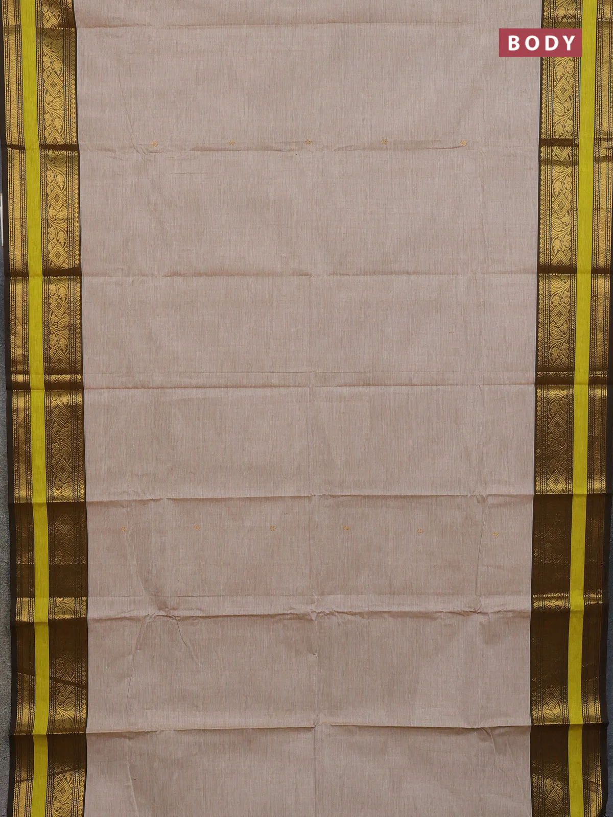 Chettinad cotton saree sandal and lime green with zari woven buttas and zari woven border - Image 2