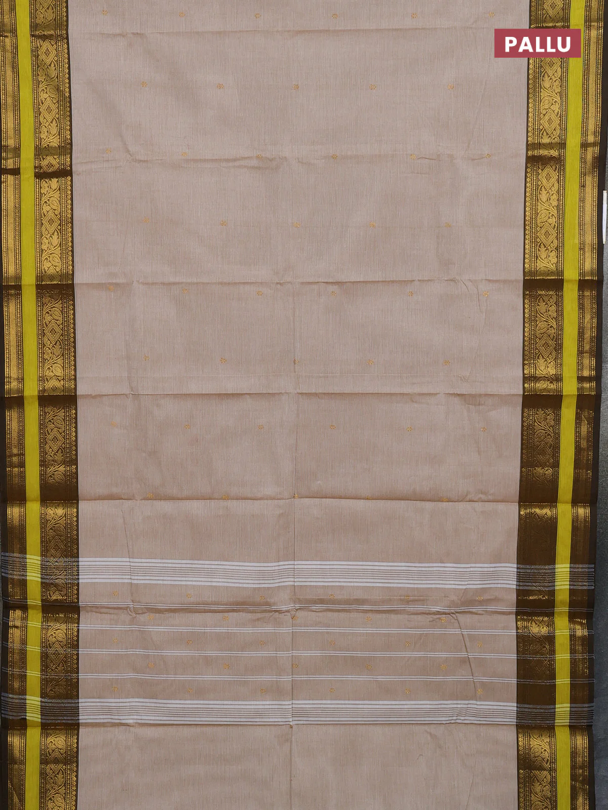 Chettinad cotton saree sandal and lime green with zari woven buttas and zari woven border - Image 3