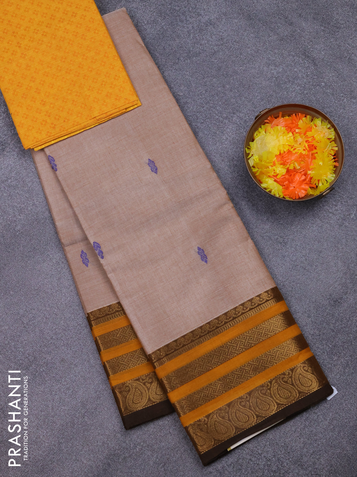 Chettinad cotton saree sandal and yellow with thread woven buttas and zari woven border