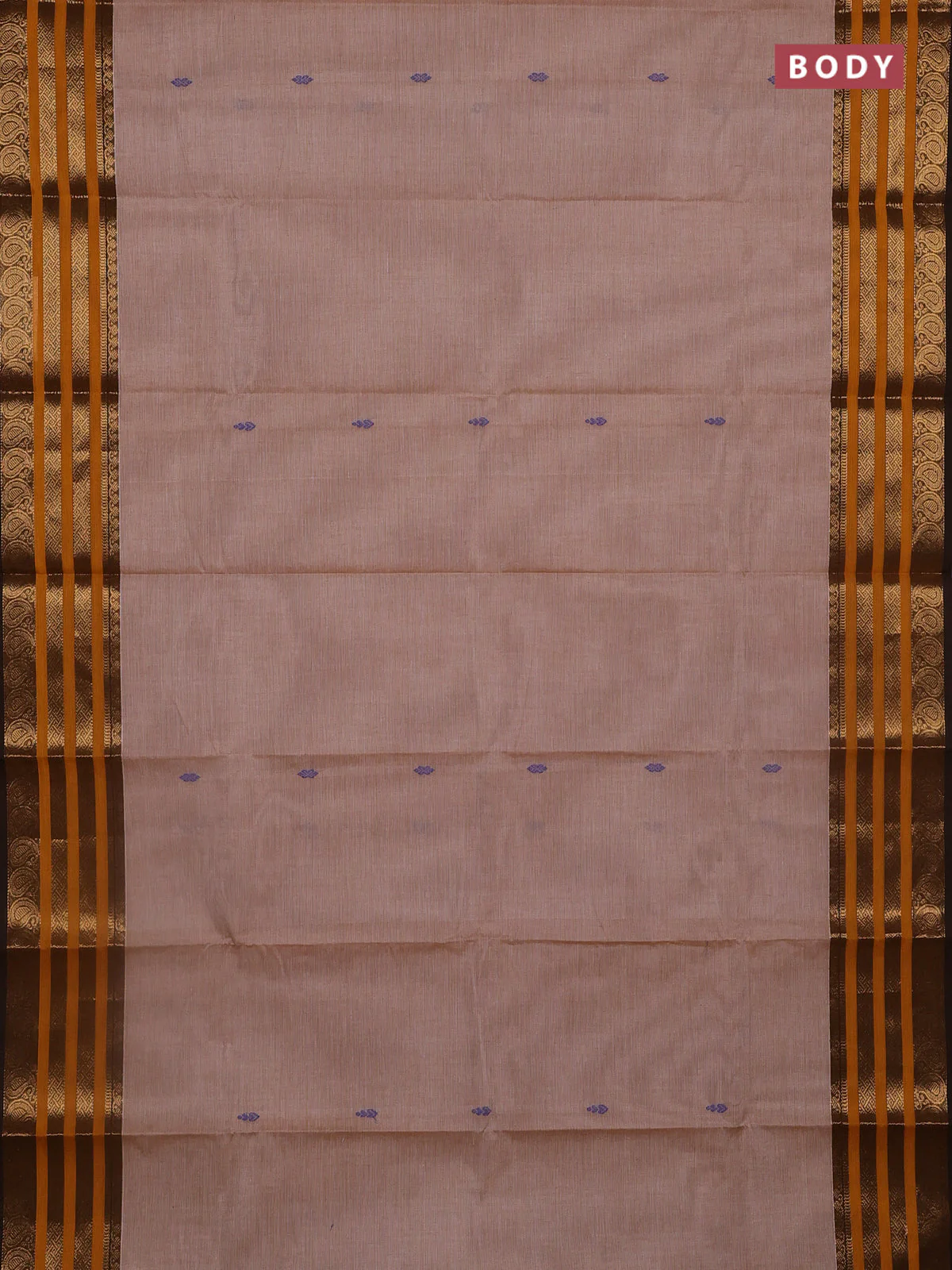 Chettinad cotton saree sandal and yellow with thread woven buttas and zari woven border - Image 2
