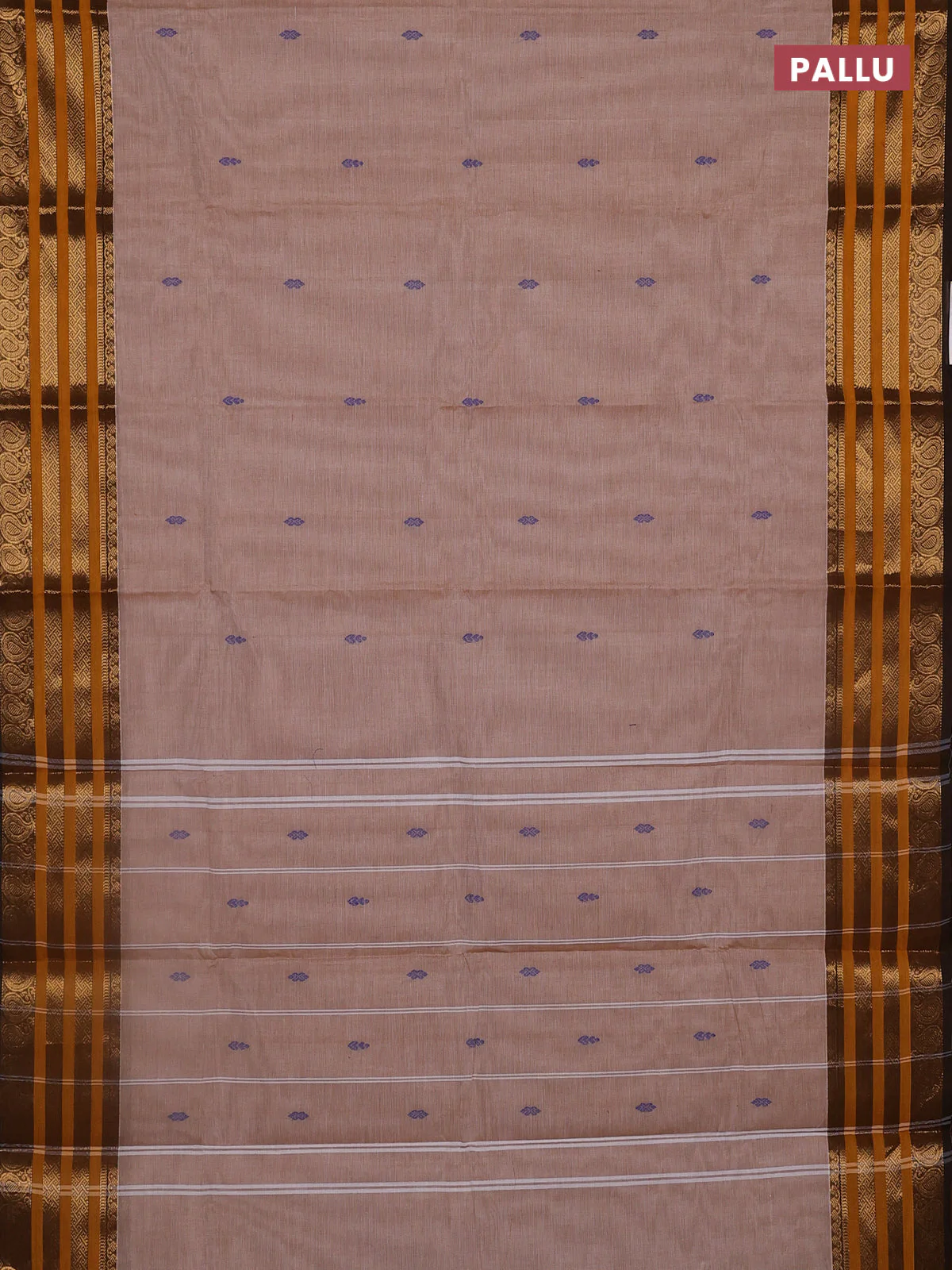 Chettinad cotton saree sandal and yellow with thread woven buttas and zari woven border - Image 3