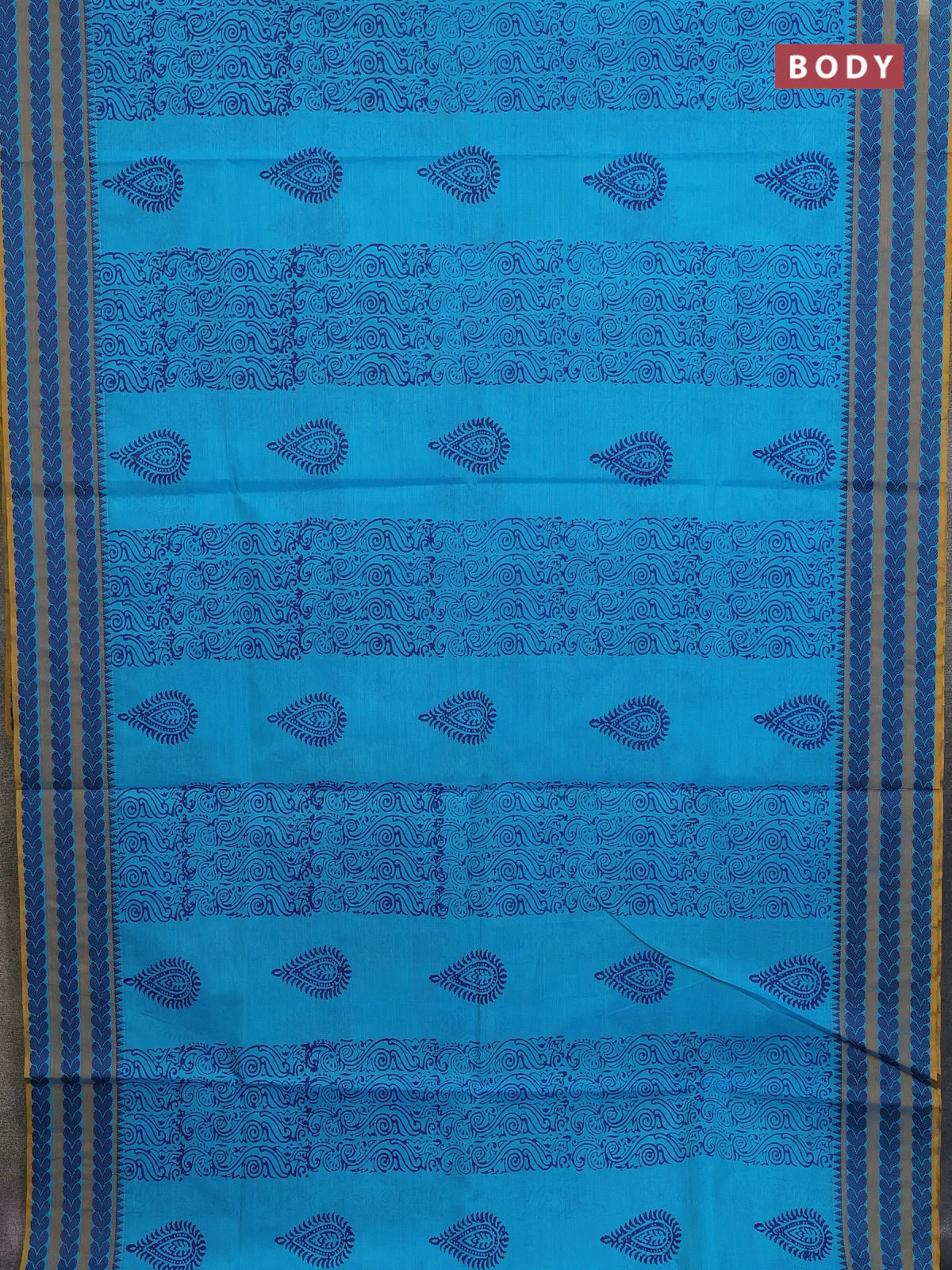 Chettinad cotton saree teal blue and mustard yellow with allover prints and thread woven border - Image 2