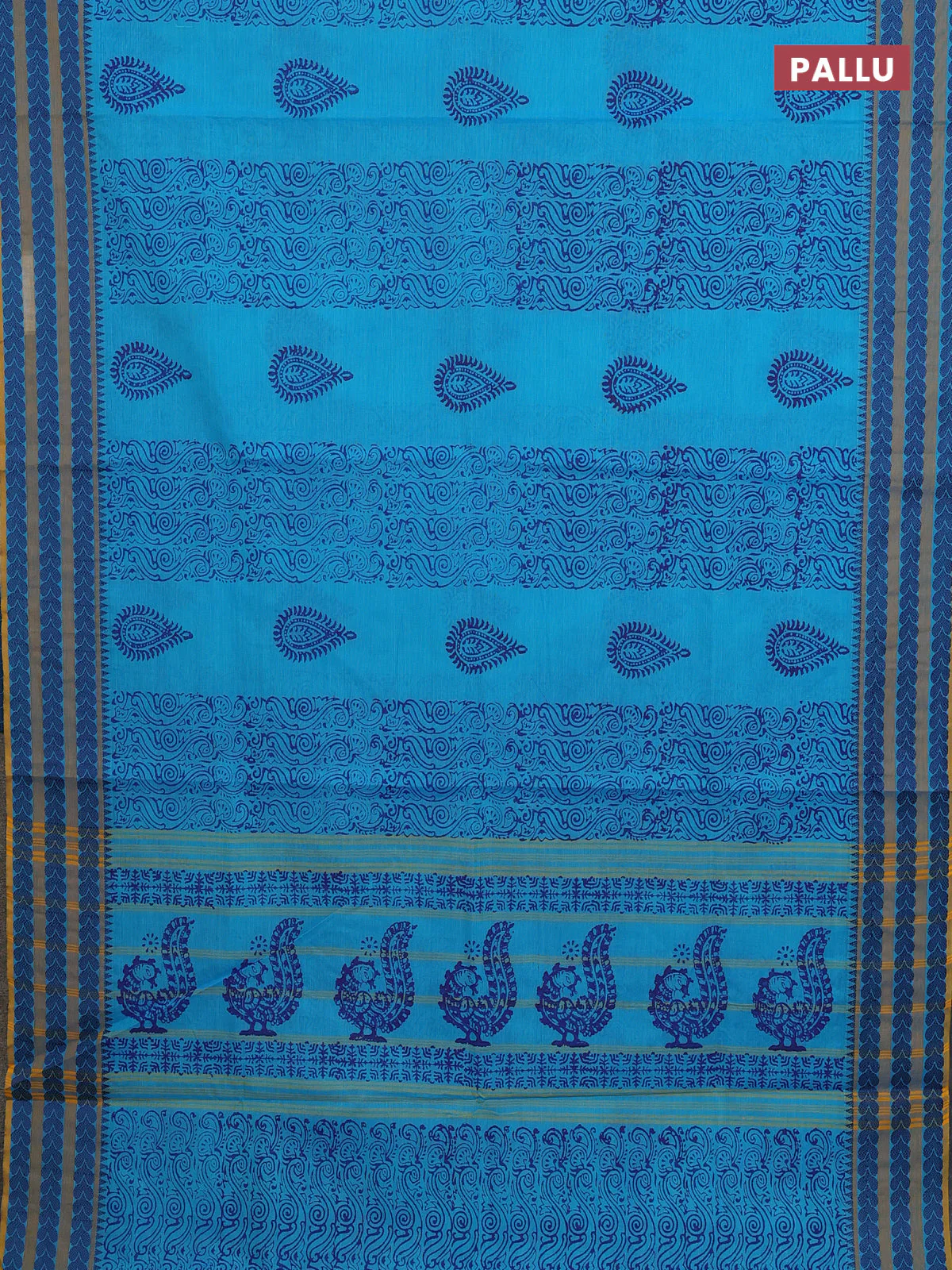 Chettinad cotton saree teal blue and mustard yellow with allover prints and thread woven border - Image 3