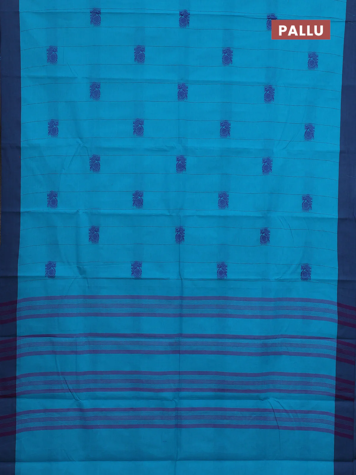 Chettinad cotton saree teal blue and navy blue with allover stripe pattern and simple border - Image 3